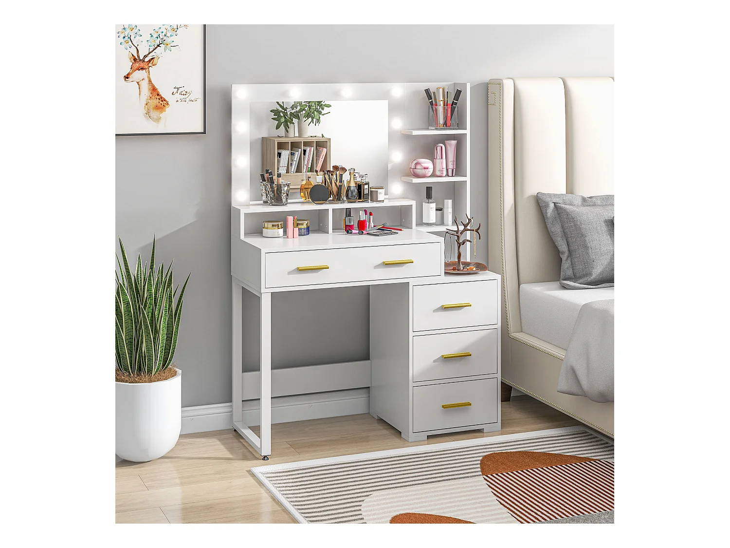 Tavolo da trucco 4 cassetti 6 ripiani e specchio in legno bianco