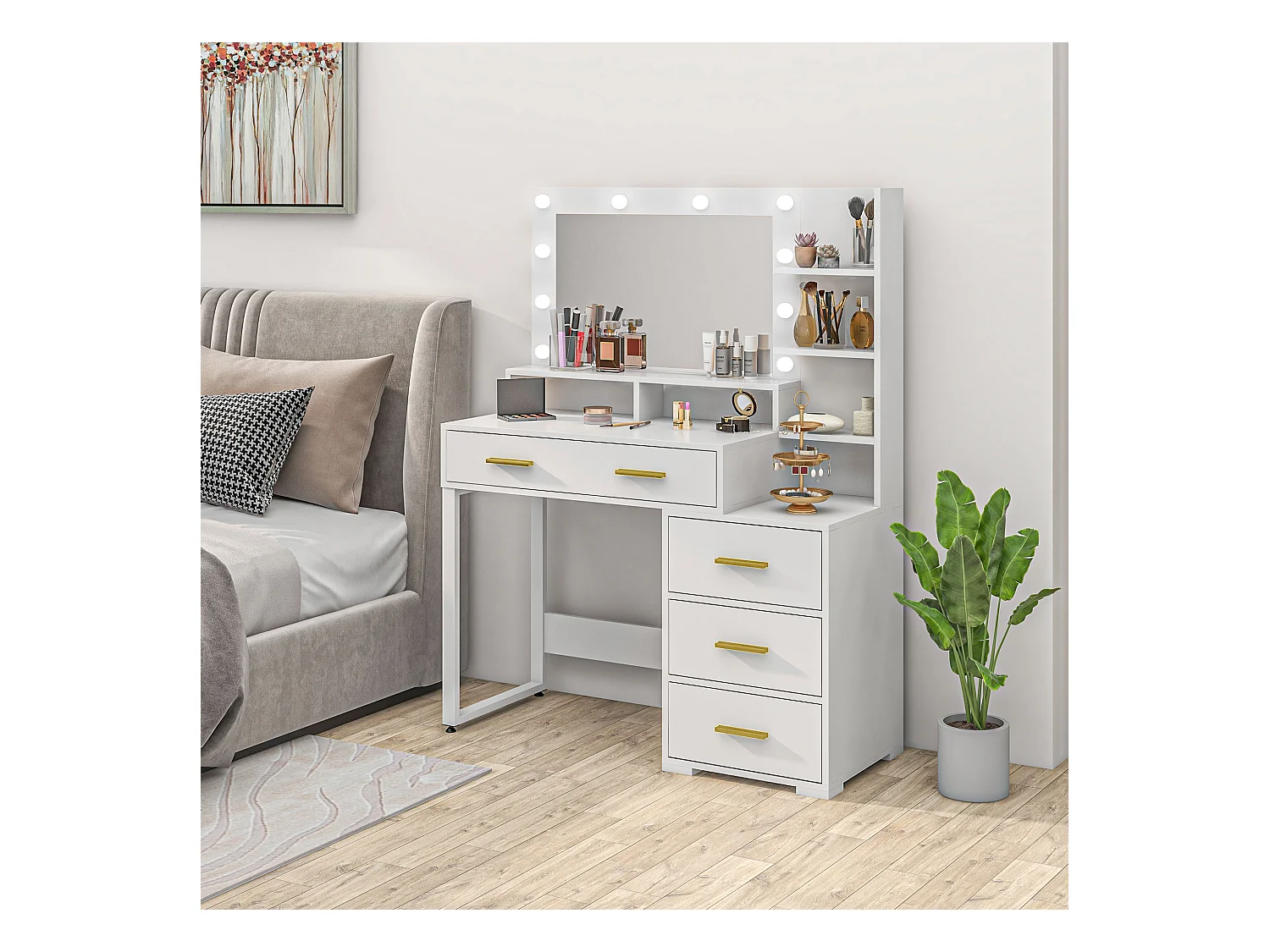 Tavolo da trucco 4 cassetti 6 ripiani e specchio in legno bianco