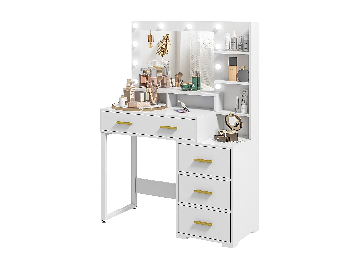 Tavolo da trucco 4 cassetti 6 ripiani e specchio in legno bianco