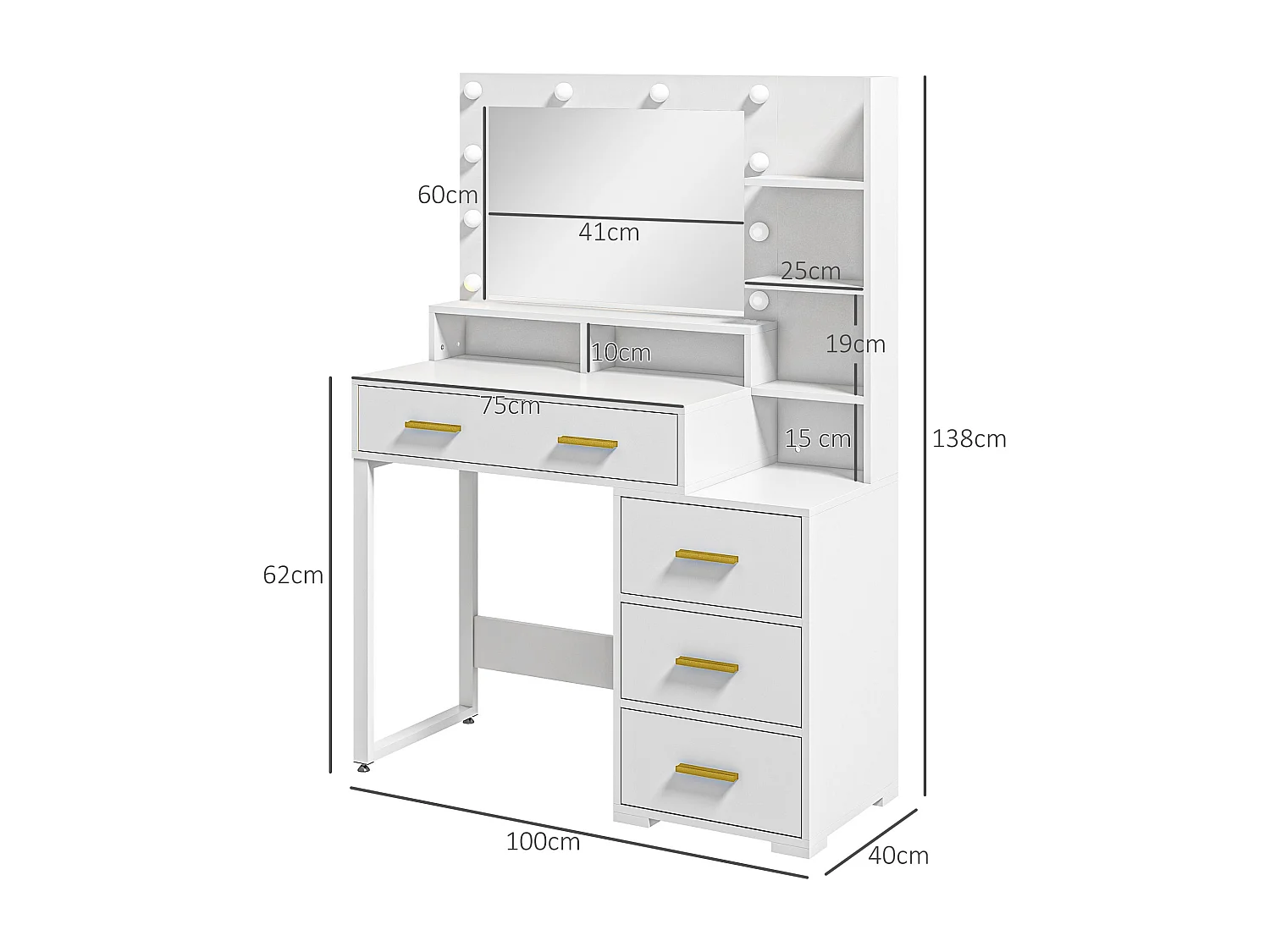 Tavolo da trucco 4 cassetti 6 ripiani e specchio in legno bianco