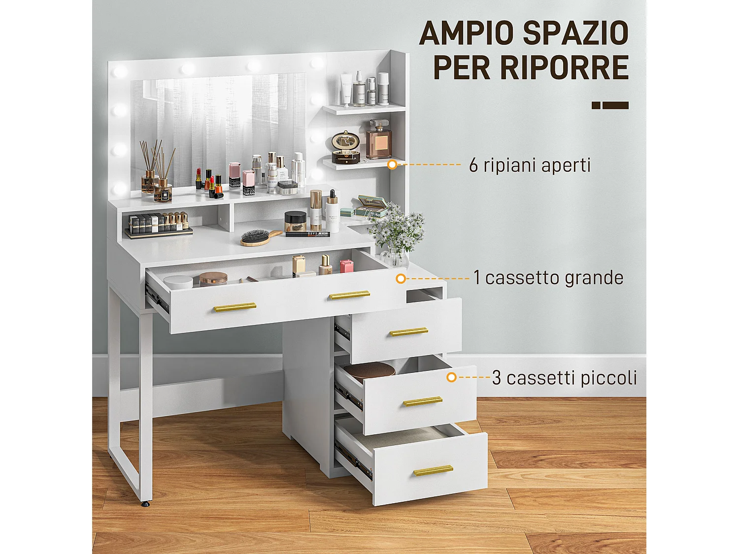 Tavolo da trucco 4 cassetti 6 ripiani e specchio in legno bianco