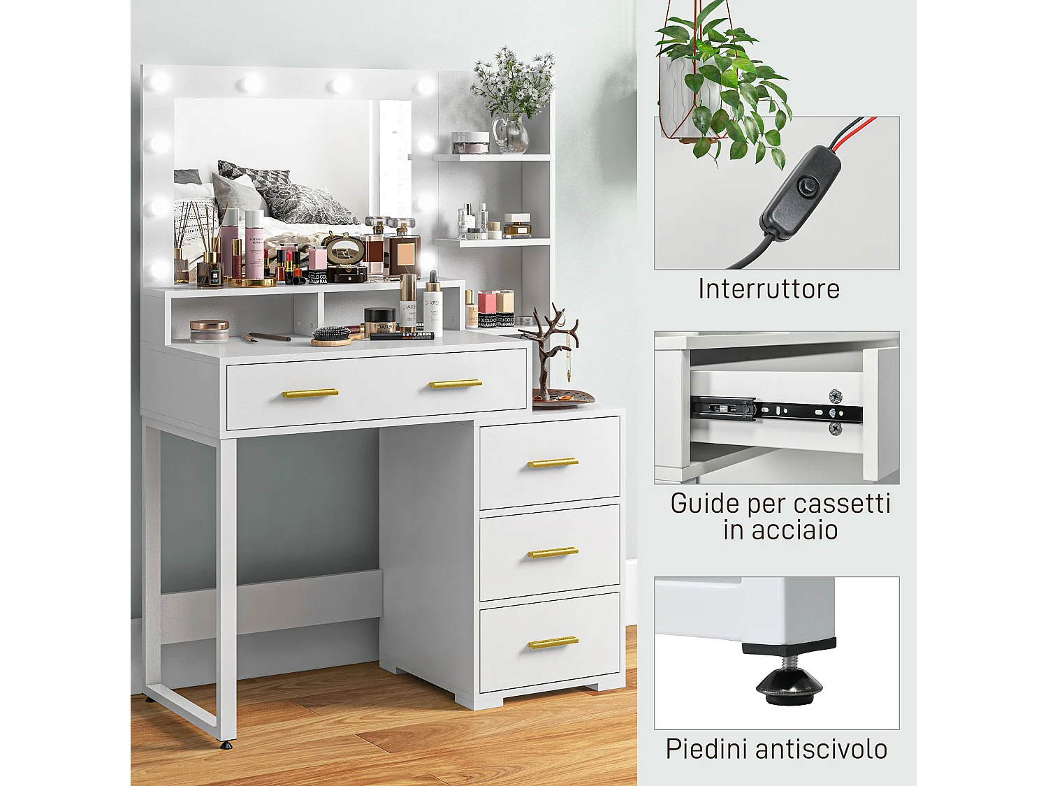 Tavolo da trucco 4 cassetti 6 ripiani e specchio in legno bianco