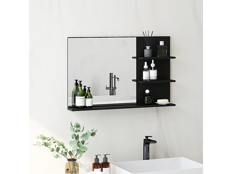 Specchio da bagno con 2 ripiani laterali e ripiano inferiore nero