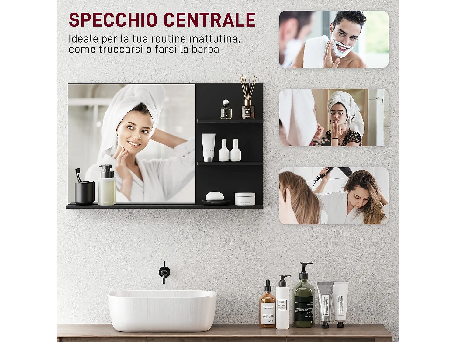 Specchio da bagno con 2 ripiani laterali e ripiano inferiore nero