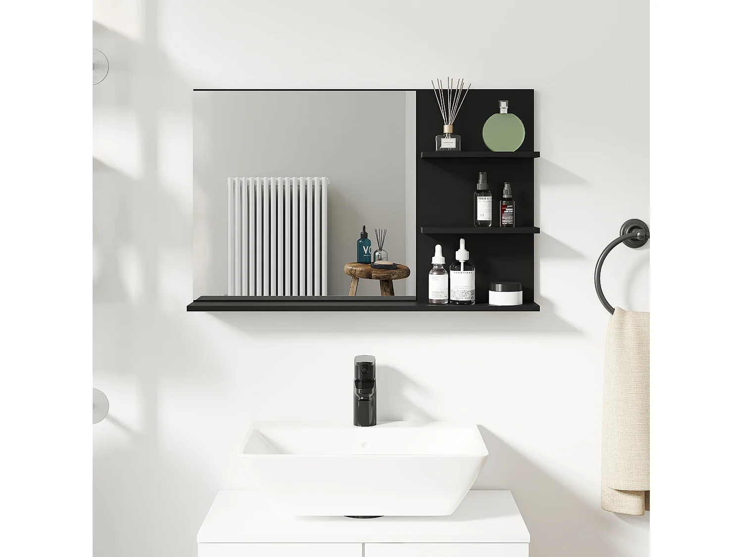 Specchio da bagno con 2 ripiani laterali e ripiano inferiore nero