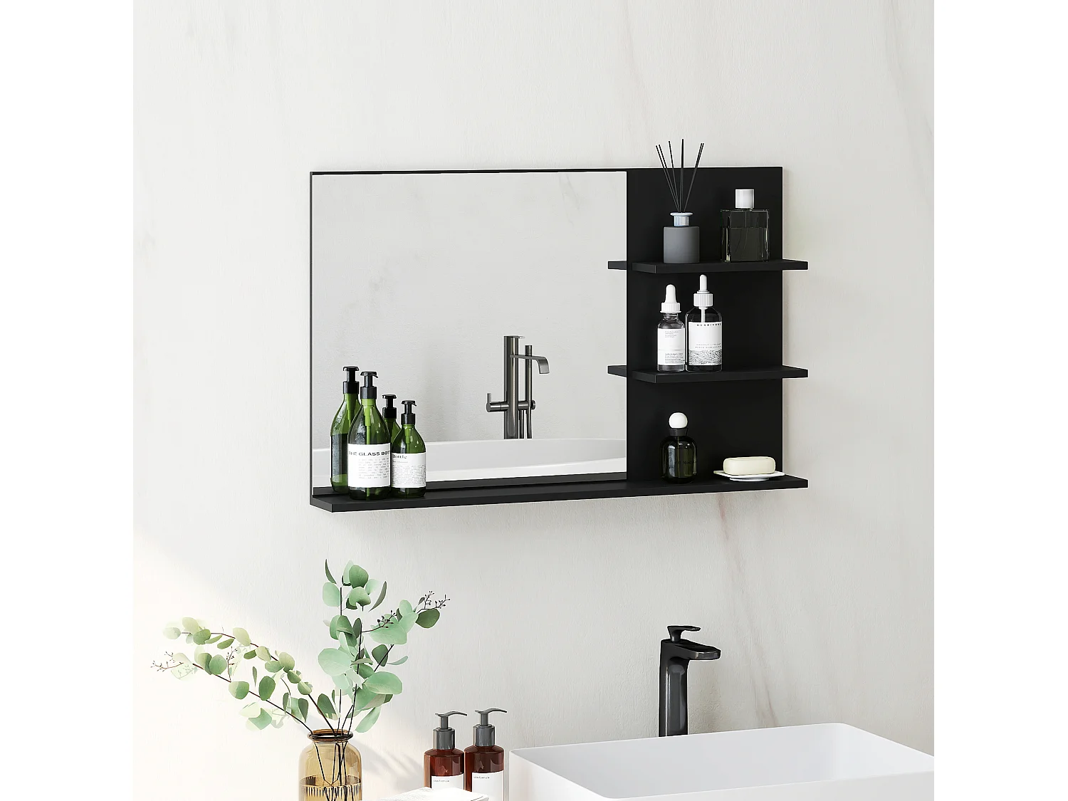 Specchio da bagno con 2 ripiani laterali e ripiano inferiore nero