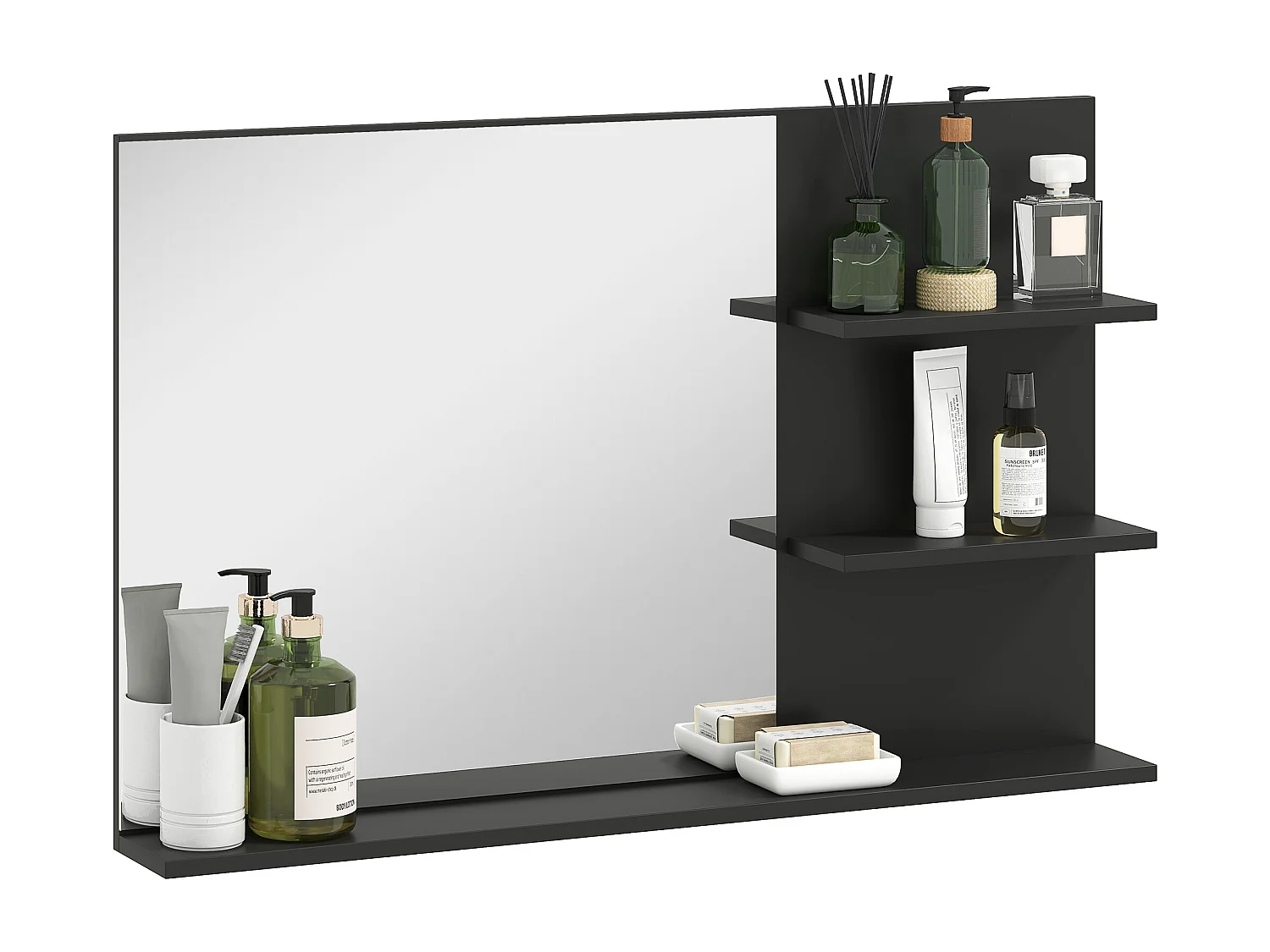 Specchio da bagno con 2 ripiani laterali e ripiano inferiore nero