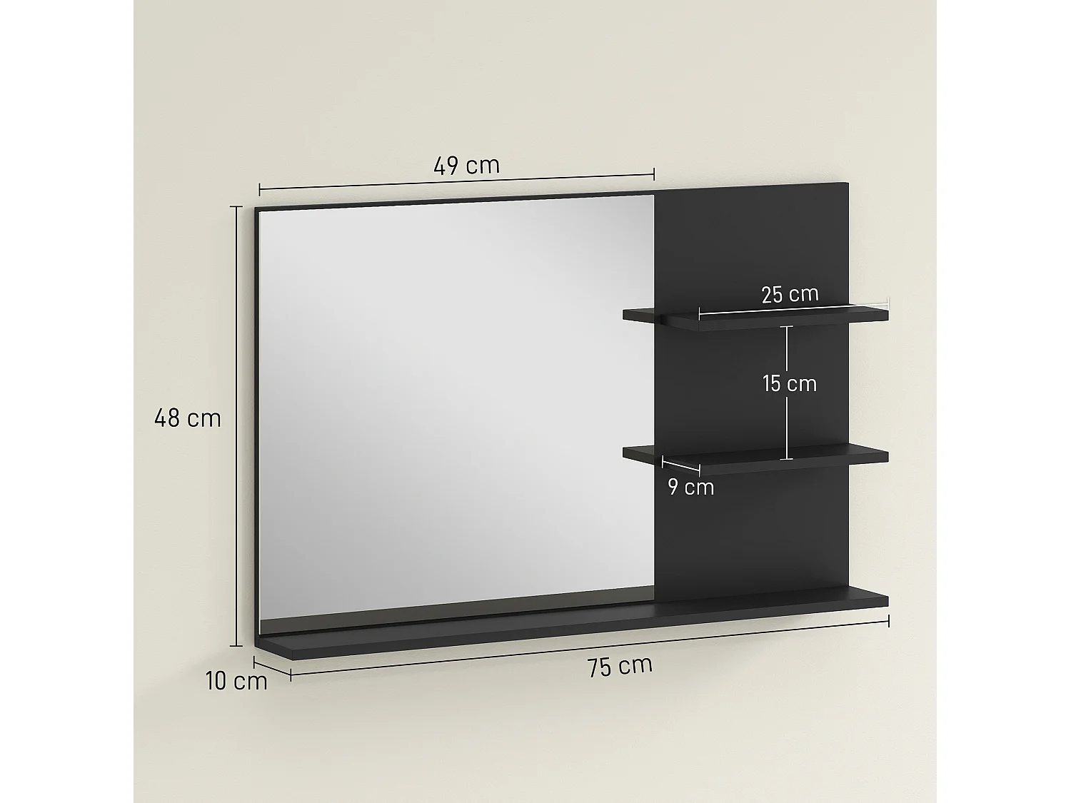 Specchio da bagno con 2 ripiani laterali e ripiano inferiore nero