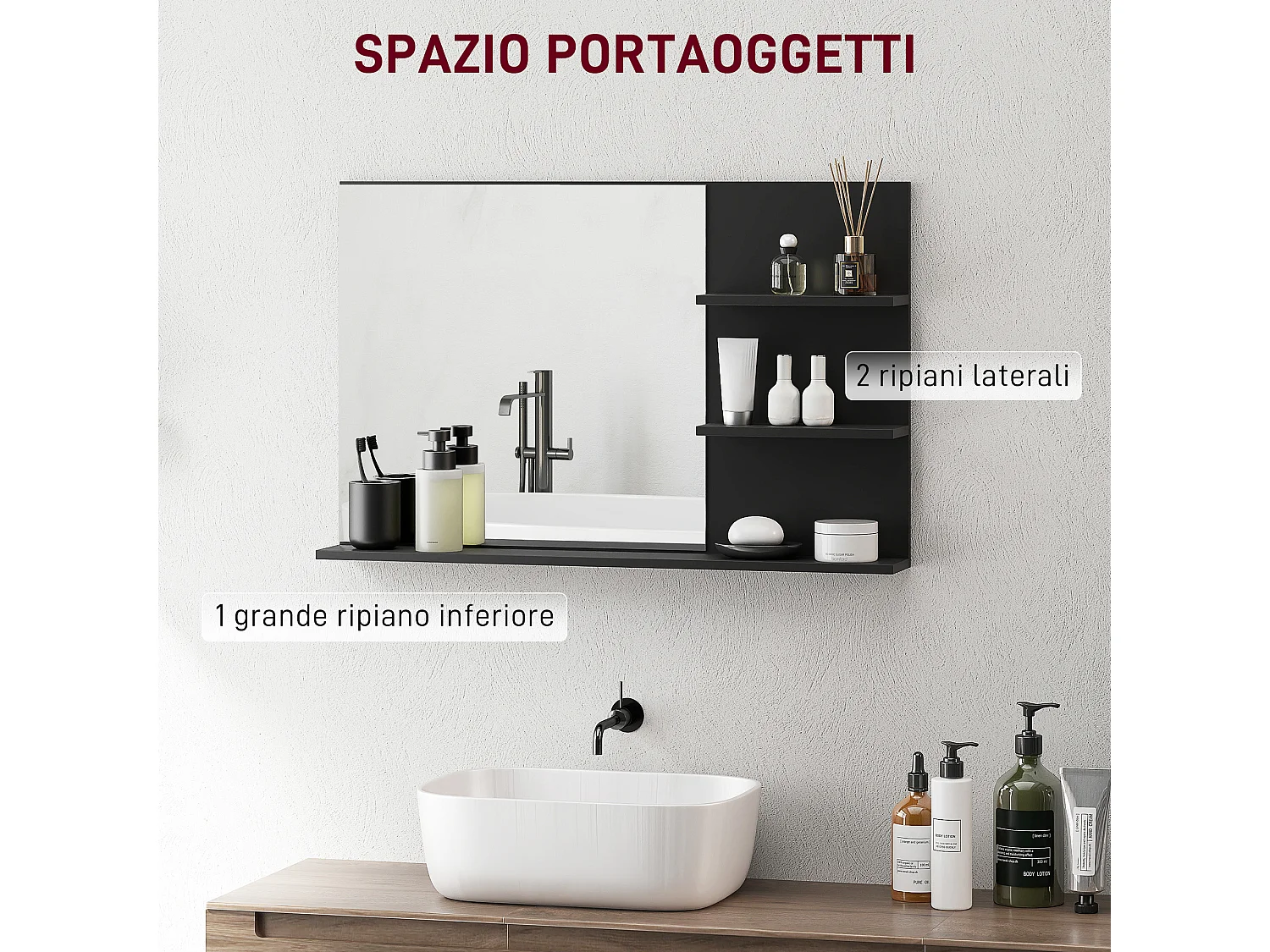 Specchio da bagno con 2 ripiani laterali e ripiano inferiore nero