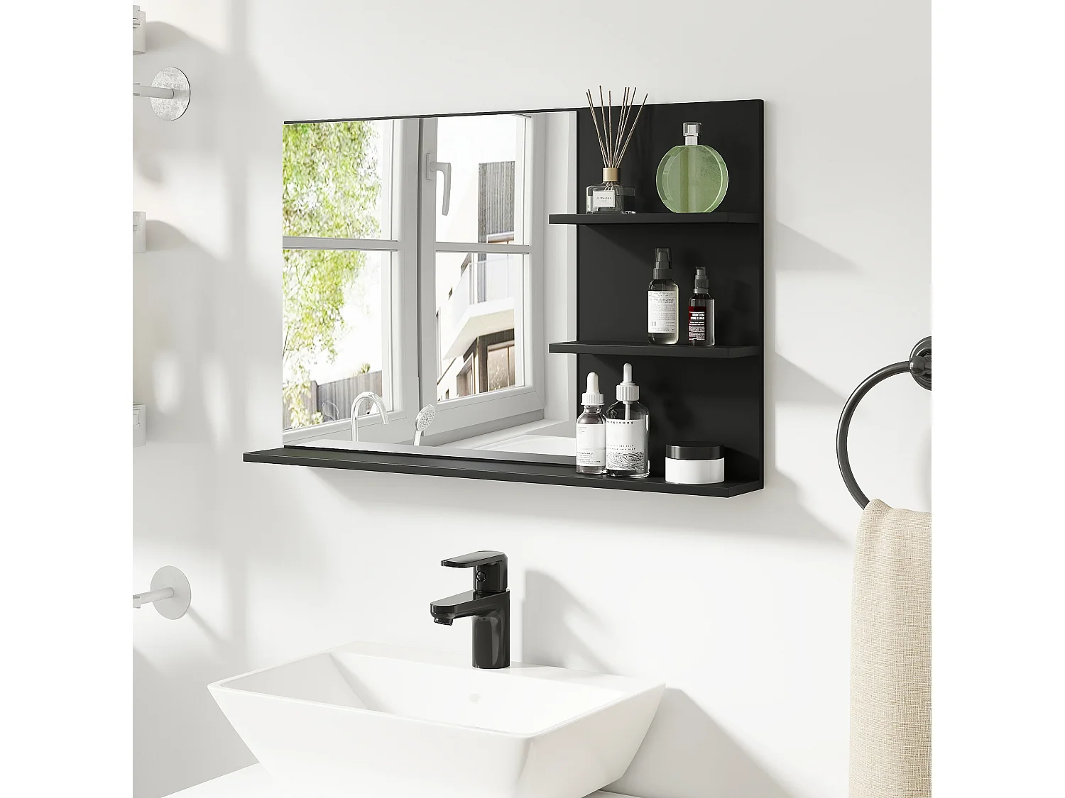 Specchio da bagno con 2 ripiani laterali e ripiano inferiore nero