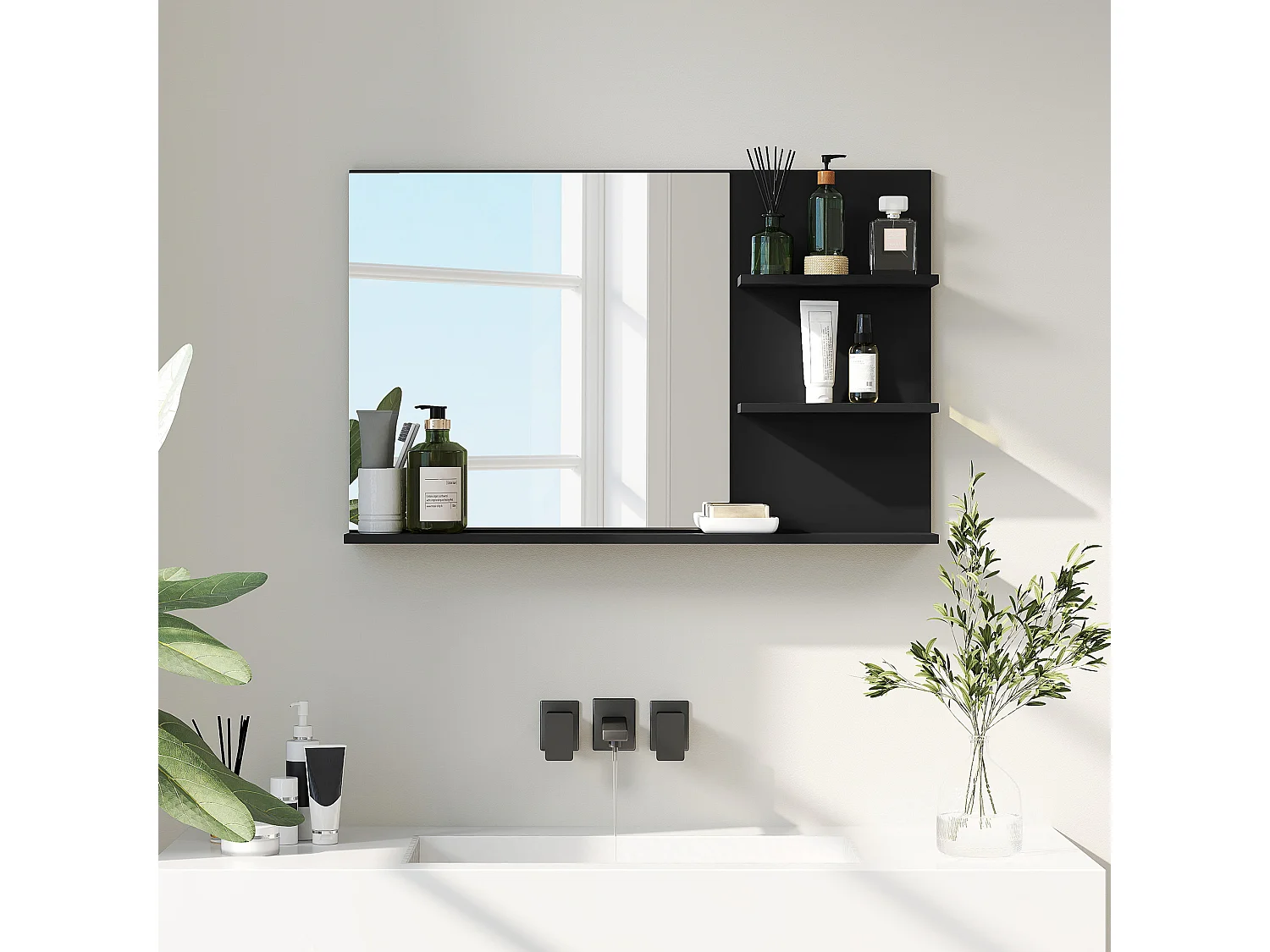 Specchio da bagno con 2 ripiani laterali e ripiano inferiore nero