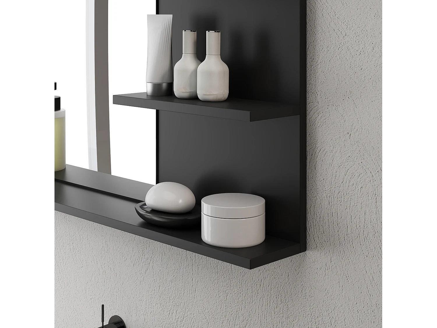 Specchio da bagno con 2 ripiani laterali e ripiano inferiore nero