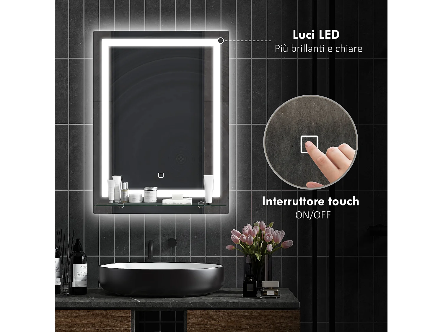 Specchio da bagno con luci led e mensola in vetro 50x12x70 cm argento