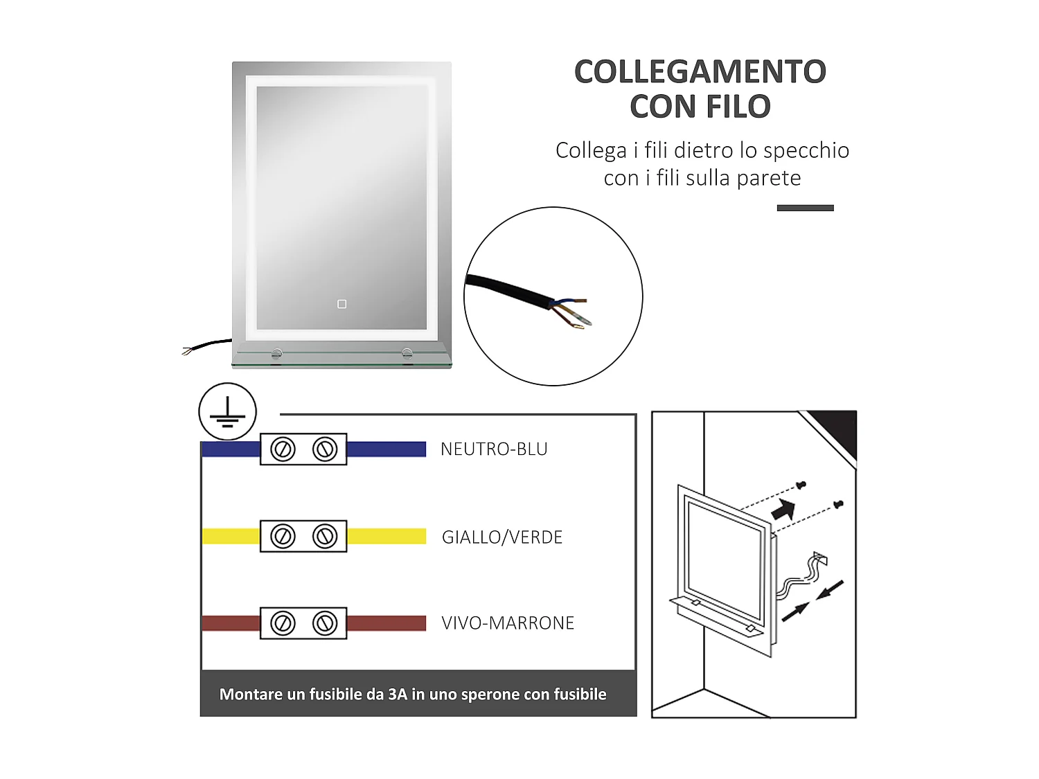 Specchio da bagno con luci led e mensola in vetro 50x12x70 cm argento