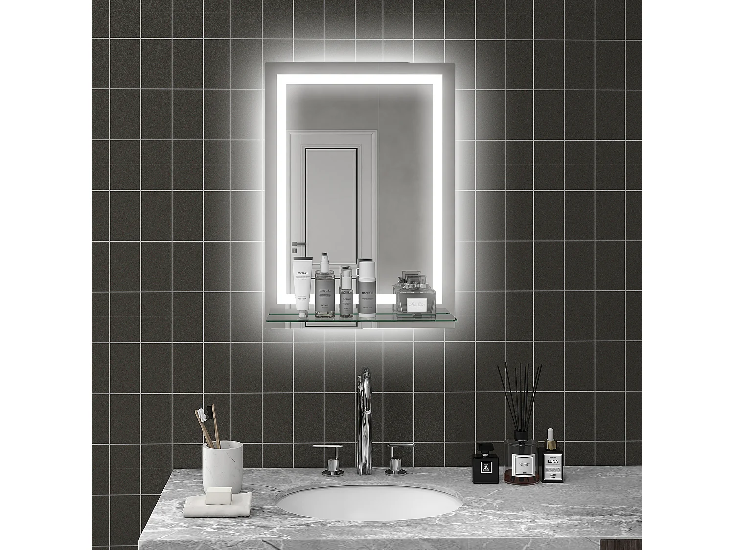 Specchio da bagno con luci led e mensola in vetro 50x12x70 cm argento