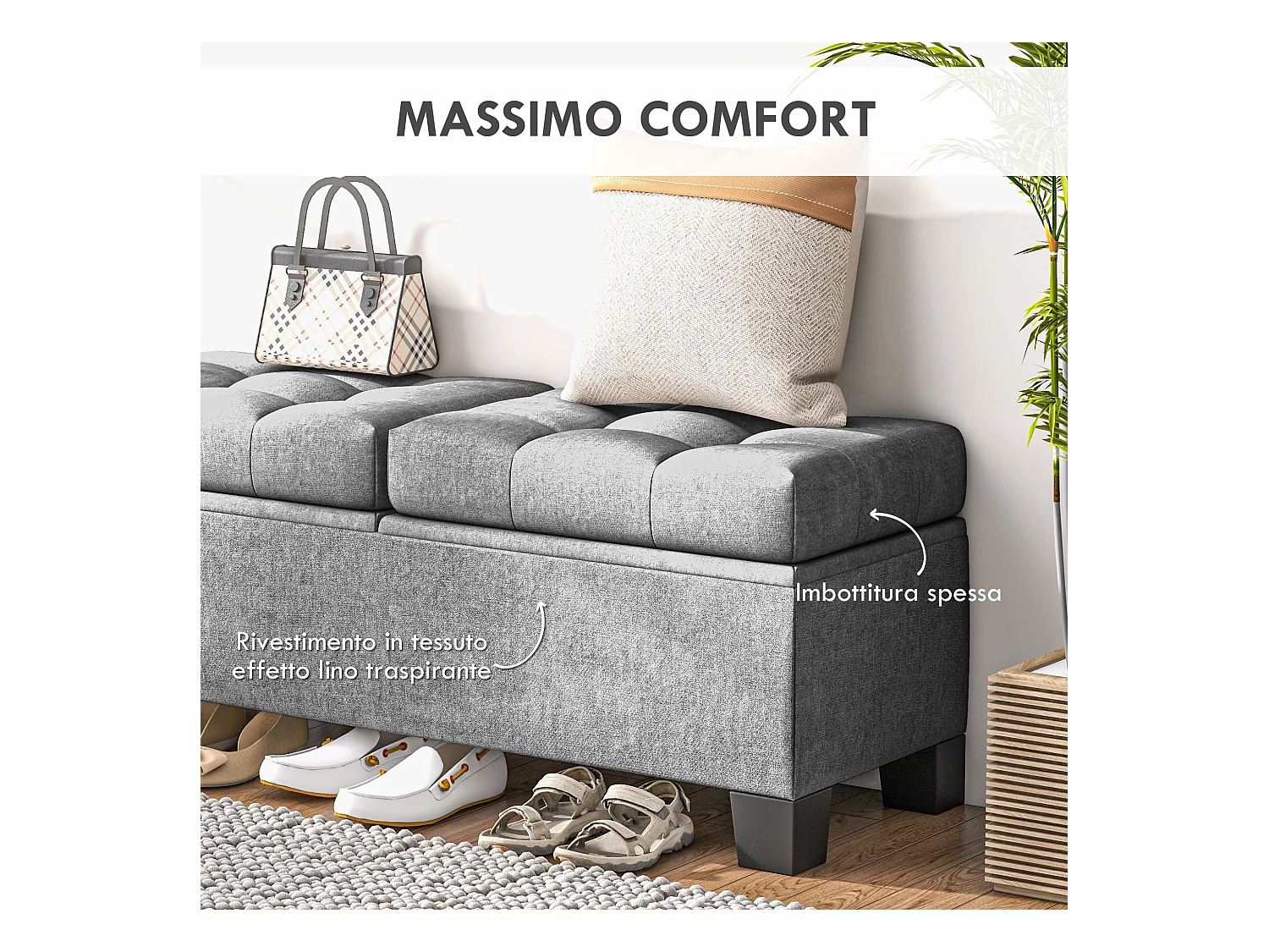 Panca contenitore fondoletto trapuntata grigio