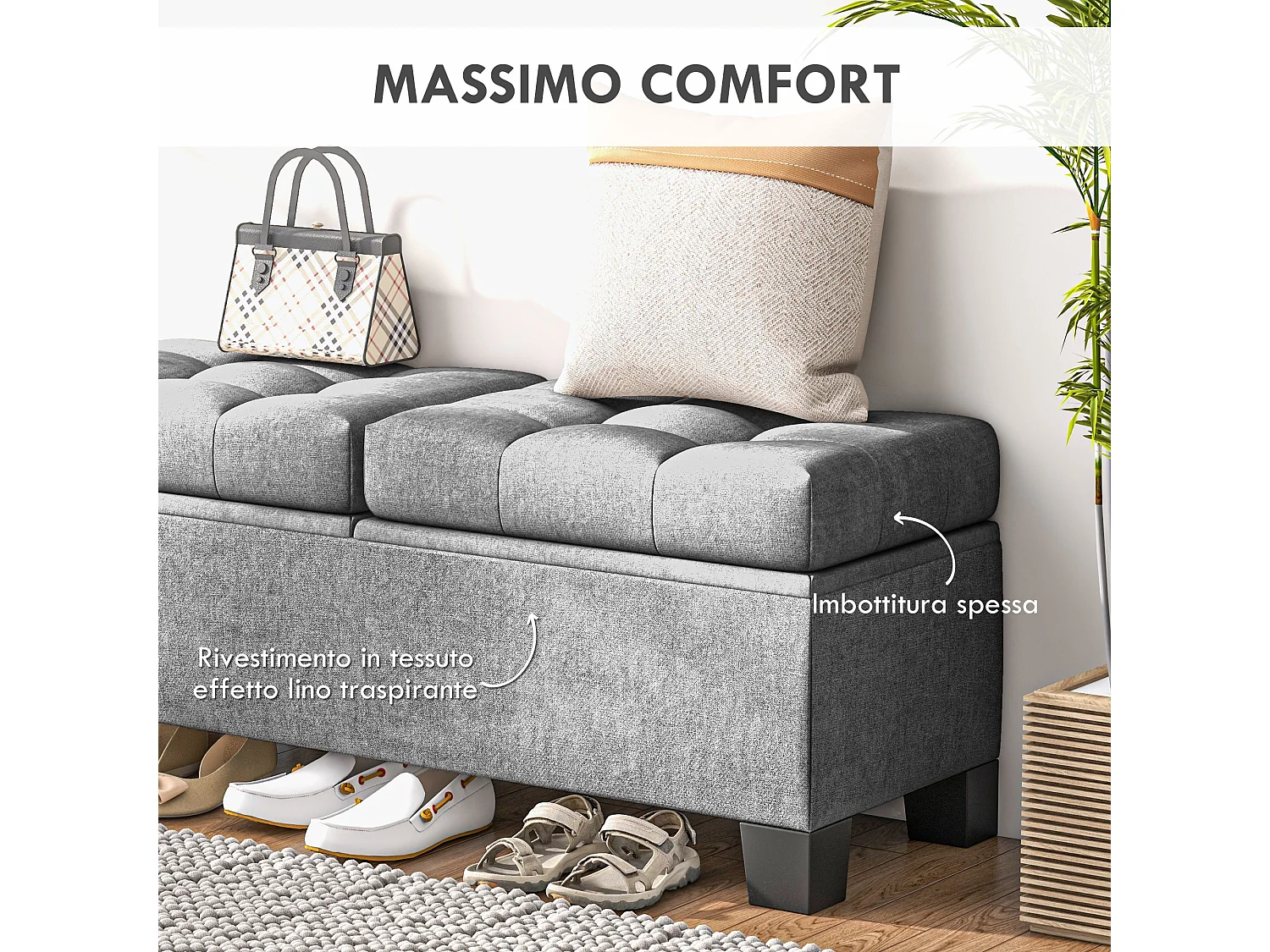 Panca contenitore fondoletto trapuntata grigio