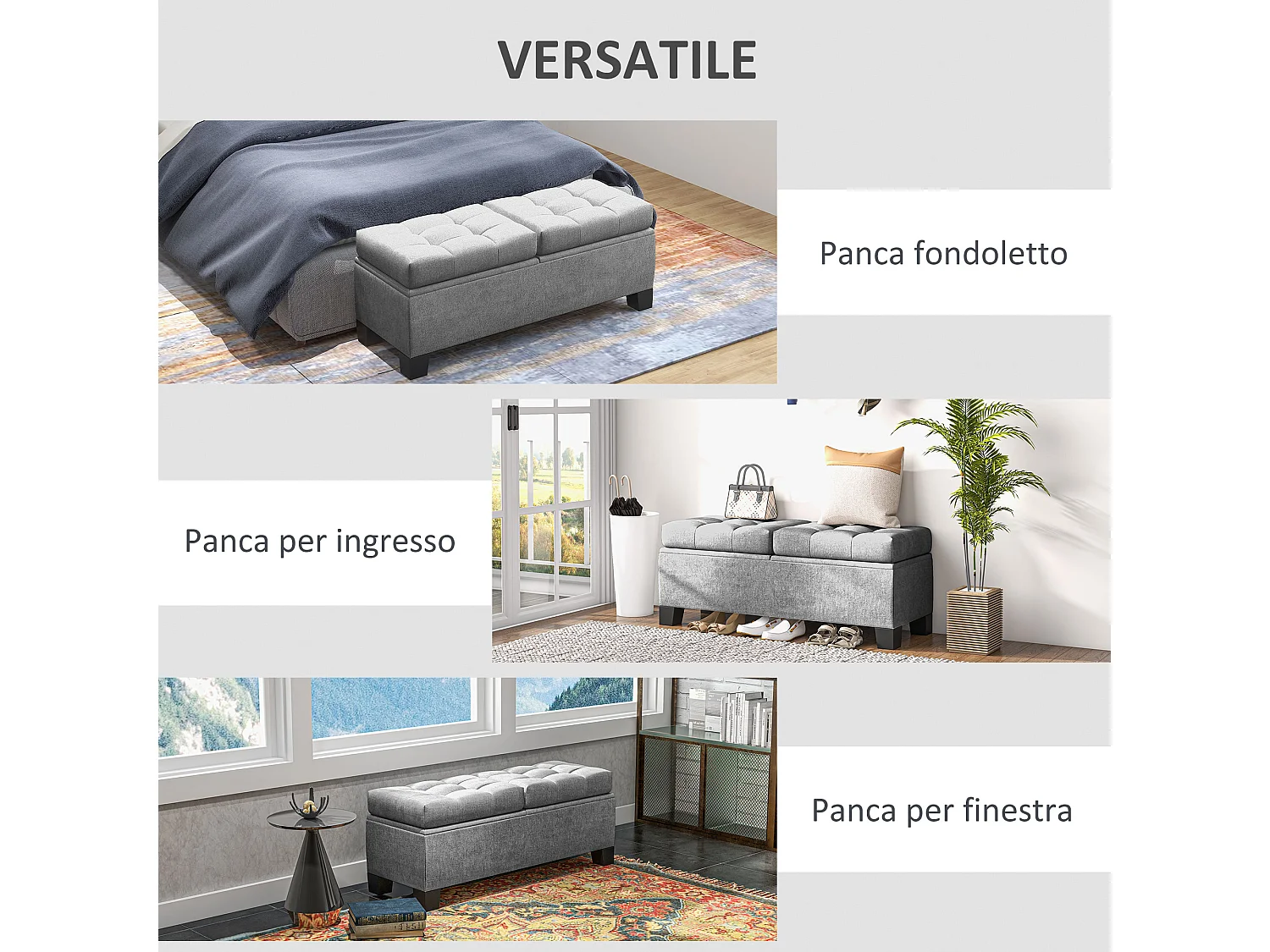 Panca contenitore fondoletto trapuntata grigio