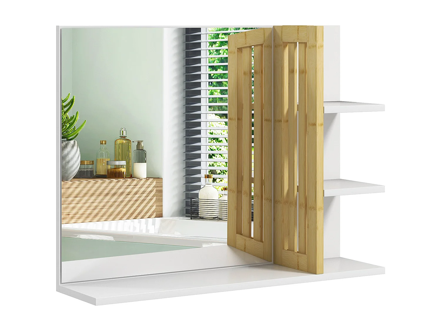 Specchiera da bagno moderna con 4 ripiani in legno bianco