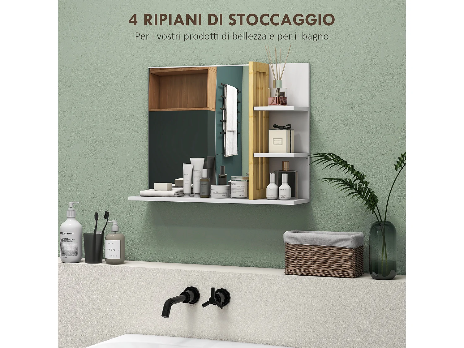 Specchiera da bagno moderna con 4 ripiani in legno bianco