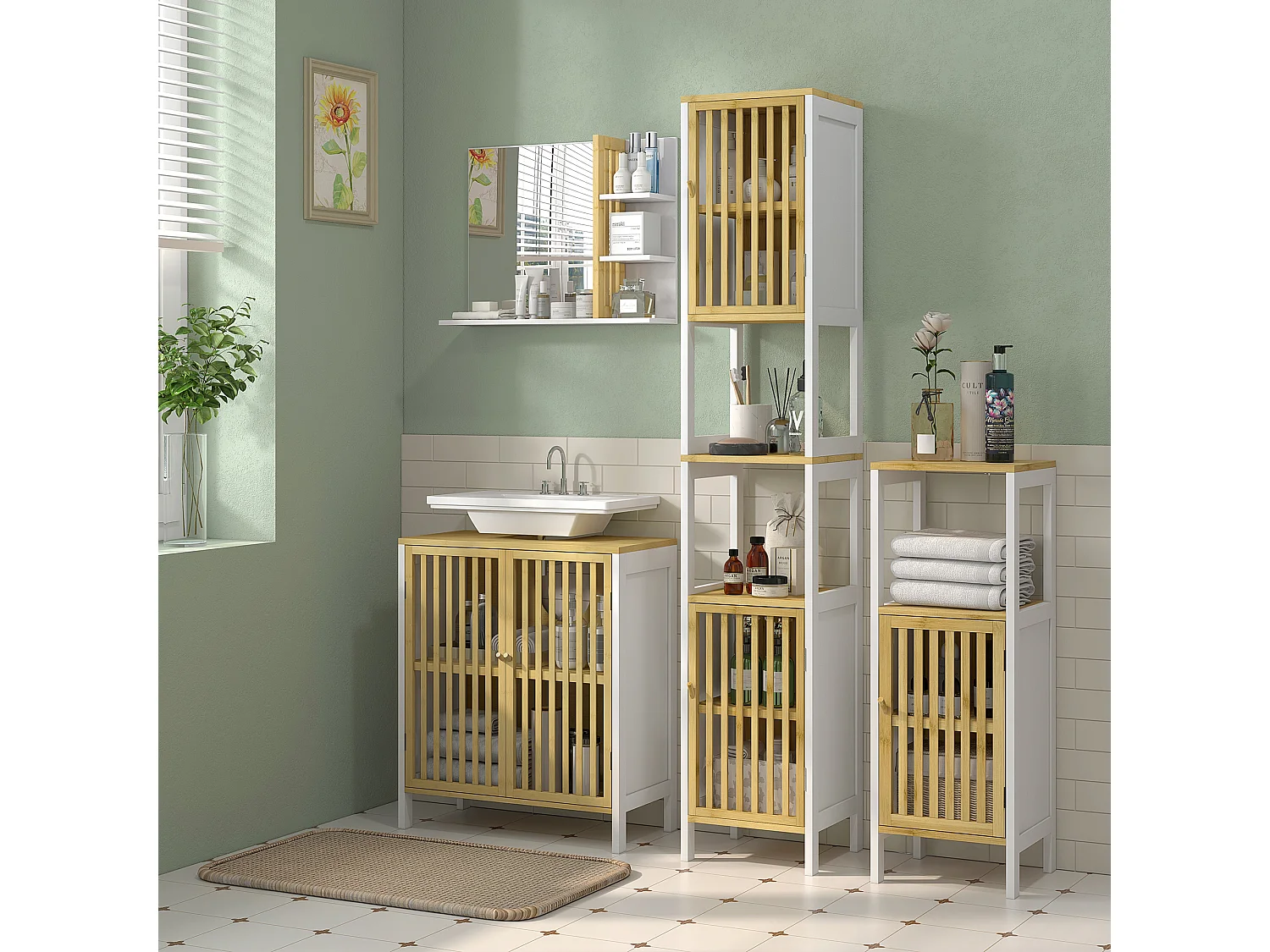 Specchiera da bagno moderna con 4 ripiani in legno bianco