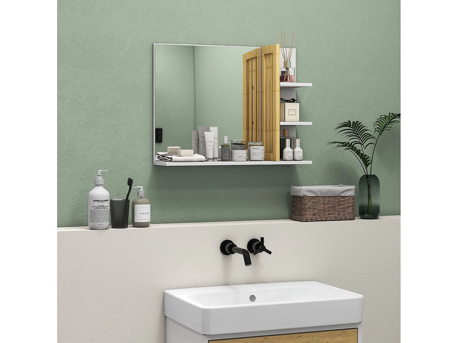 Specchiera da bagno moderna con 4 ripiani in legno bianco