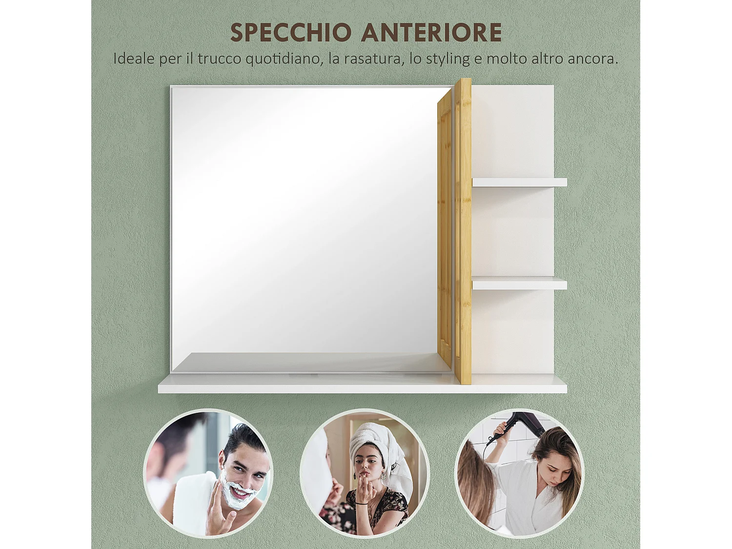 Specchiera da bagno moderna con 4 ripiani in legno bianco