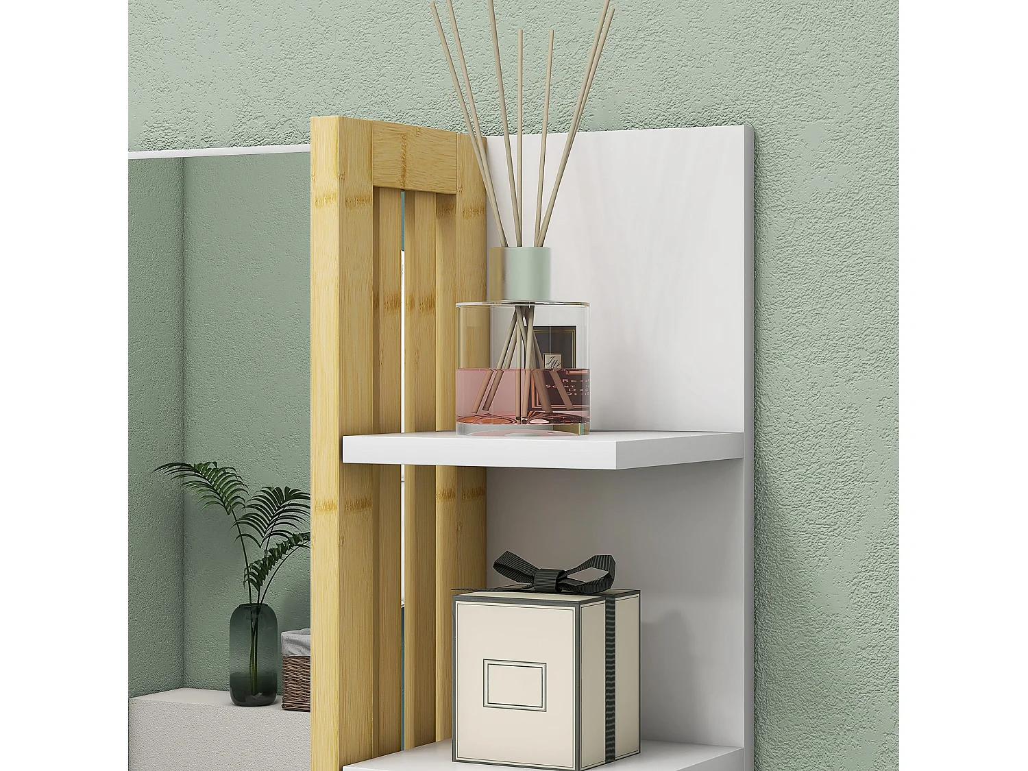 Specchiera da bagno moderna con 4 ripiani in legno bianco