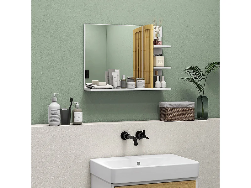 Specchiera da bagno moderna con 4 ripiani in legno bianco