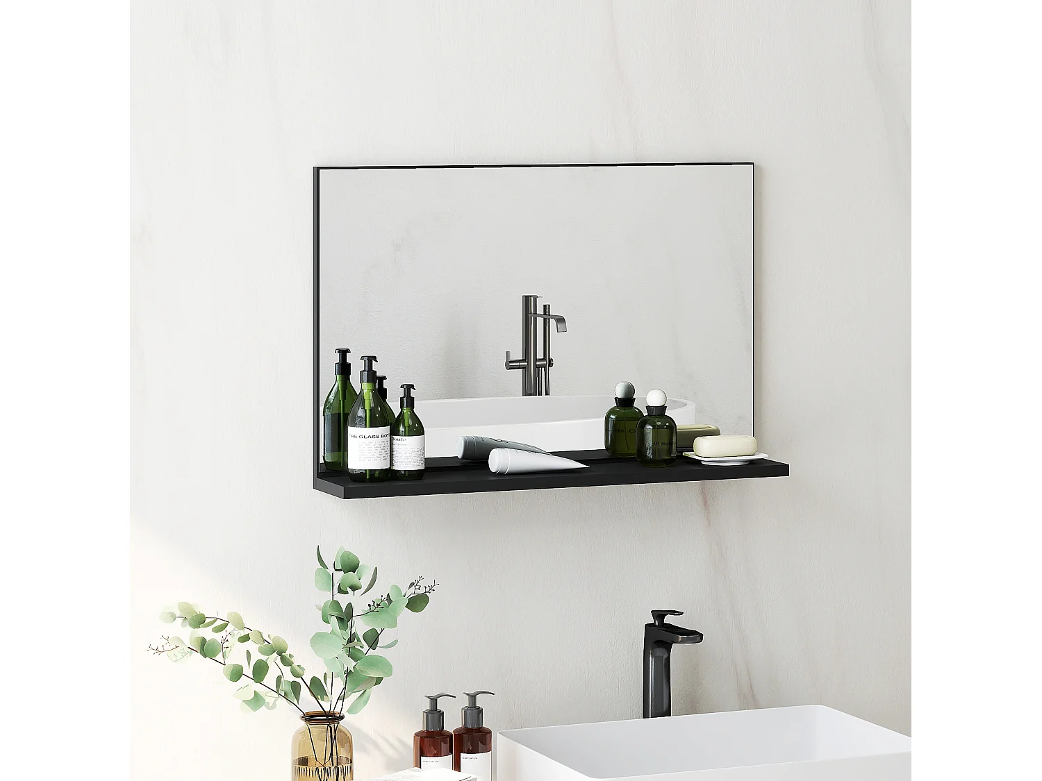 Specchio bagno da parete con mensola design moderno 60x12x40cm nero