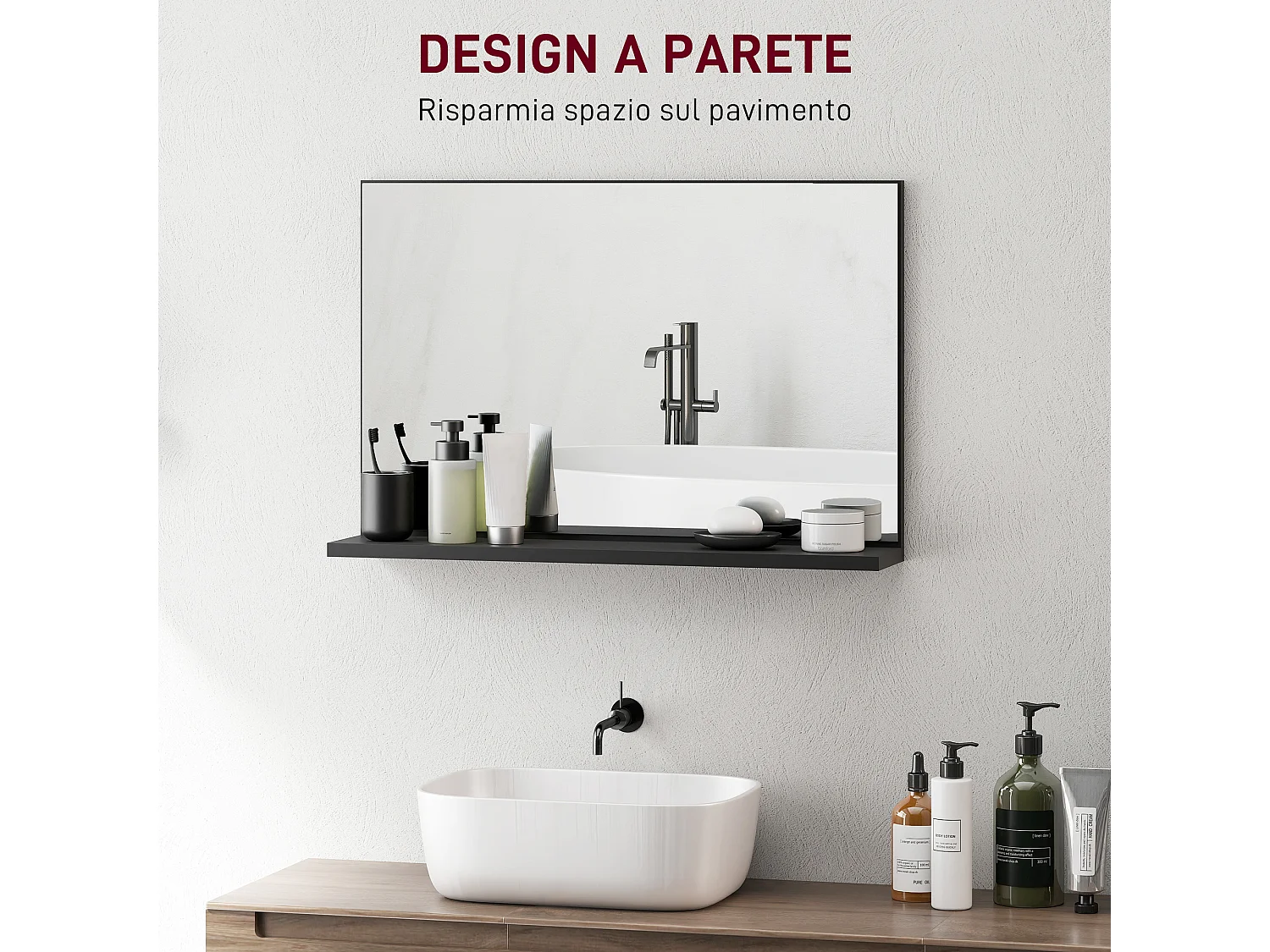 Specchio bagno da parete con mensola design moderno 60x12x40cm nero