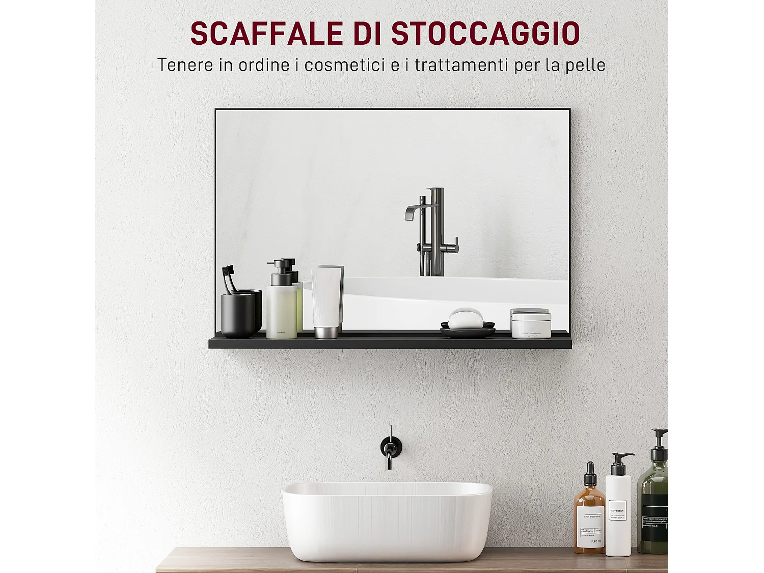 Specchio bagno da parete con mensola design moderno 60x12x40cm nero