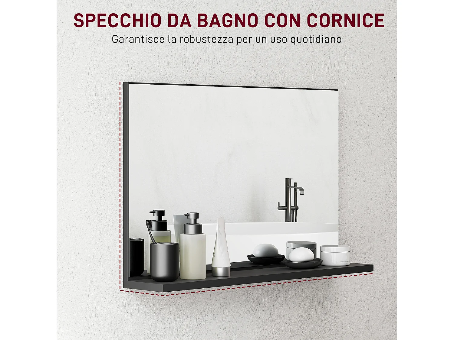 Specchio bagno da parete con mensola design moderno 60x12x40cm nero