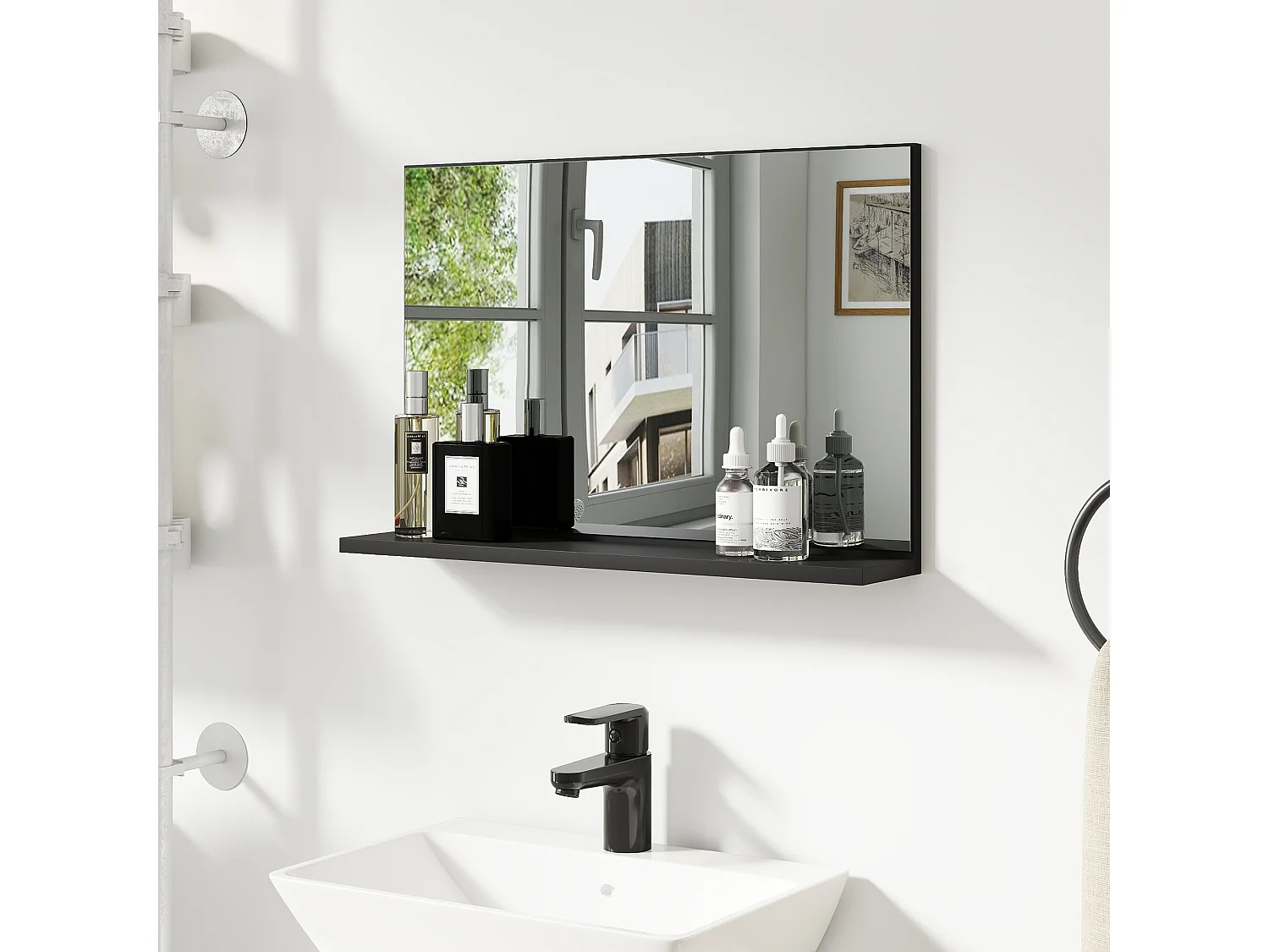Specchio bagno da parete con mensola design moderno 60x12x40cm nero
