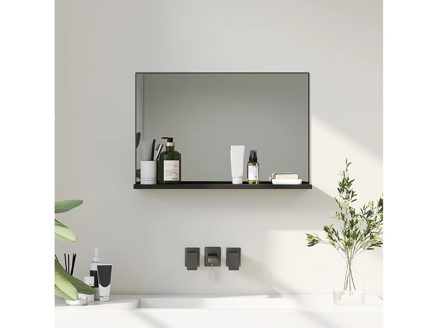 Specchio bagno da parete con mensola design moderno 60x12x40cm nero