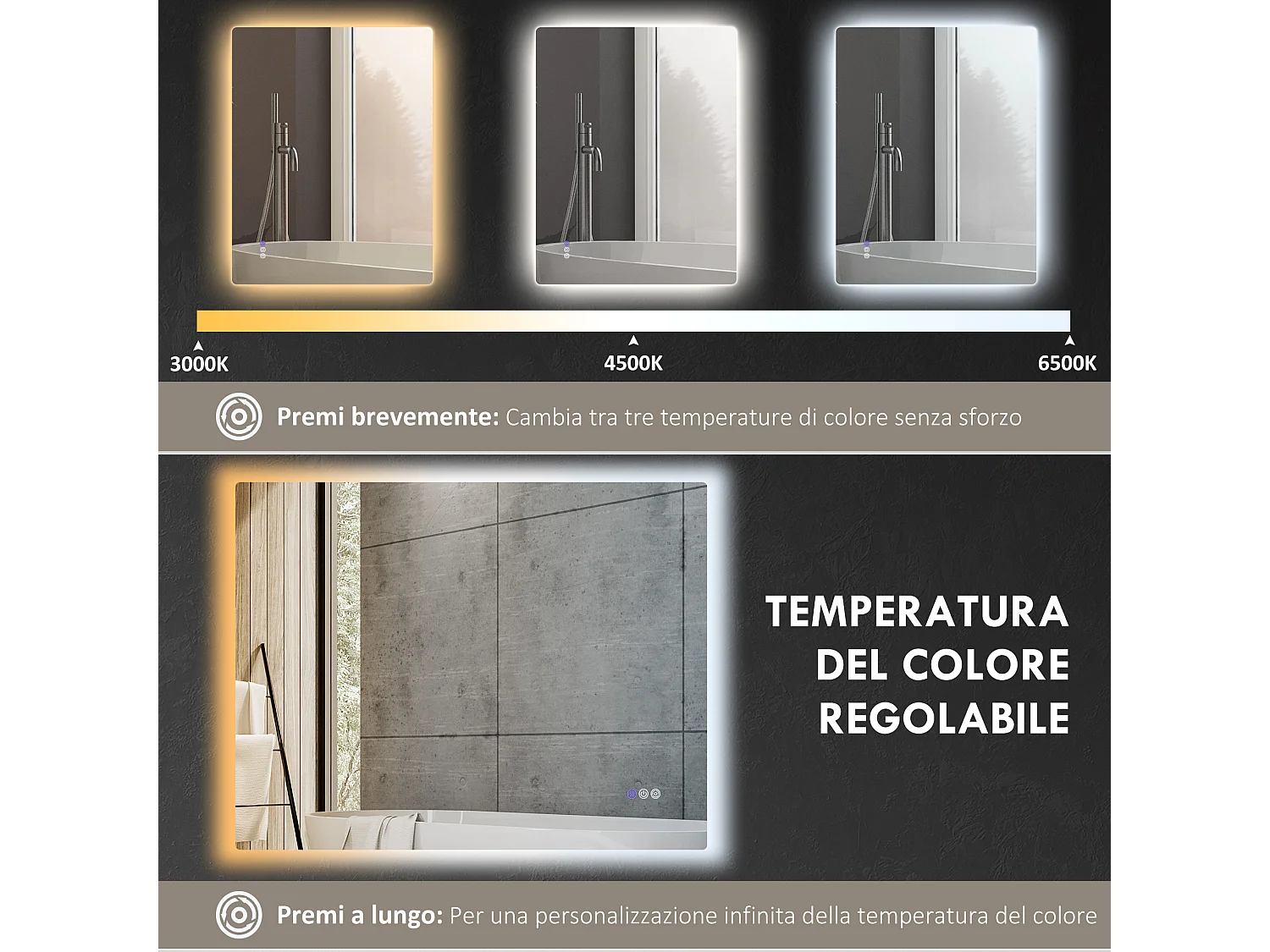 Specchio da bagno con luminosità e colore regolabili 80x60x4 cm