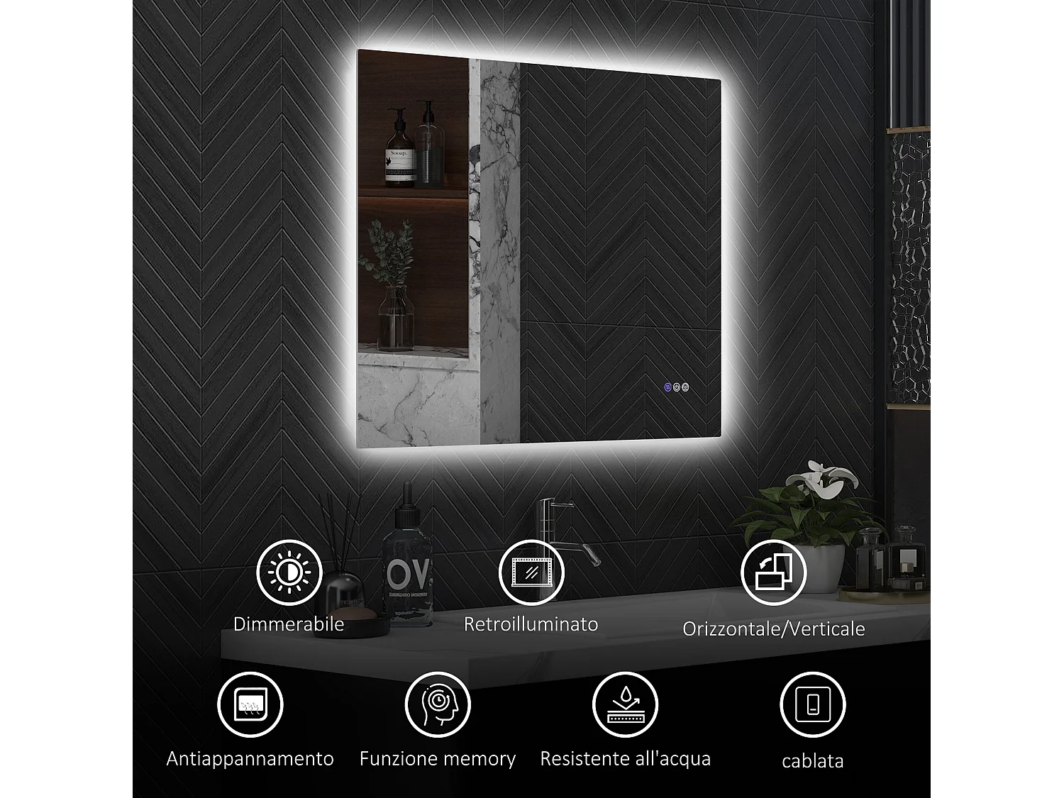 Specchio da bagno con luminosità e colore regolabili 80x60x4 cm