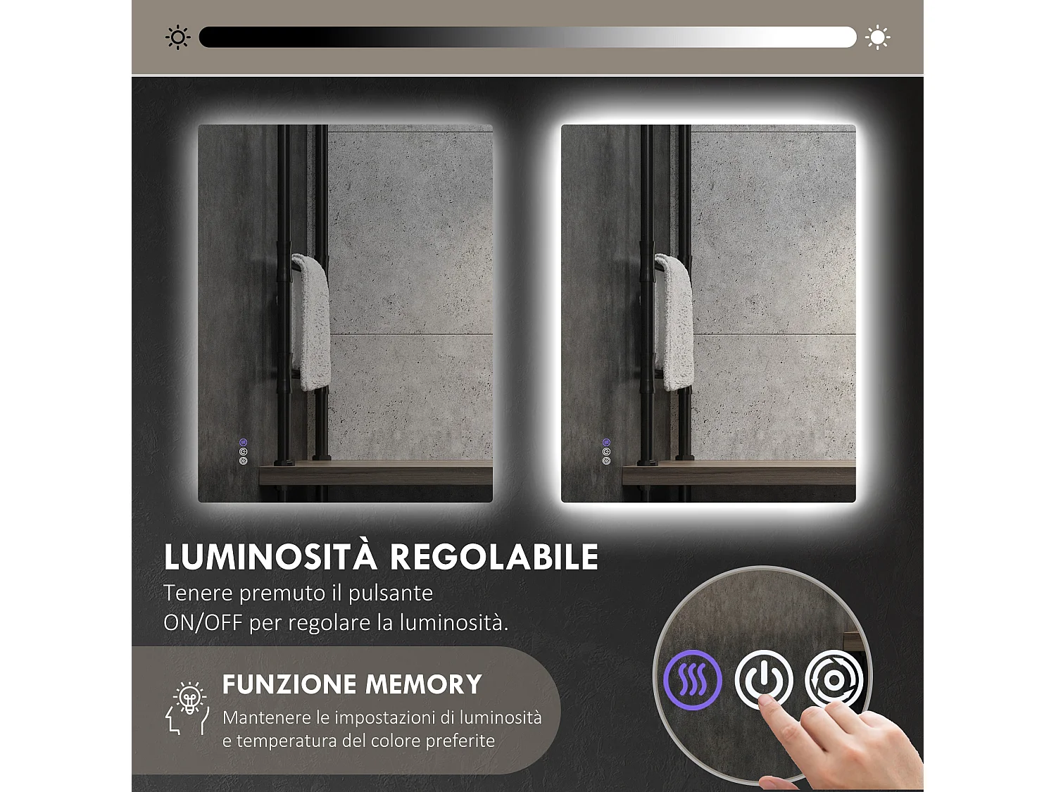 Specchio da bagno con luminosità e colore regolabili 80x60x4 cm