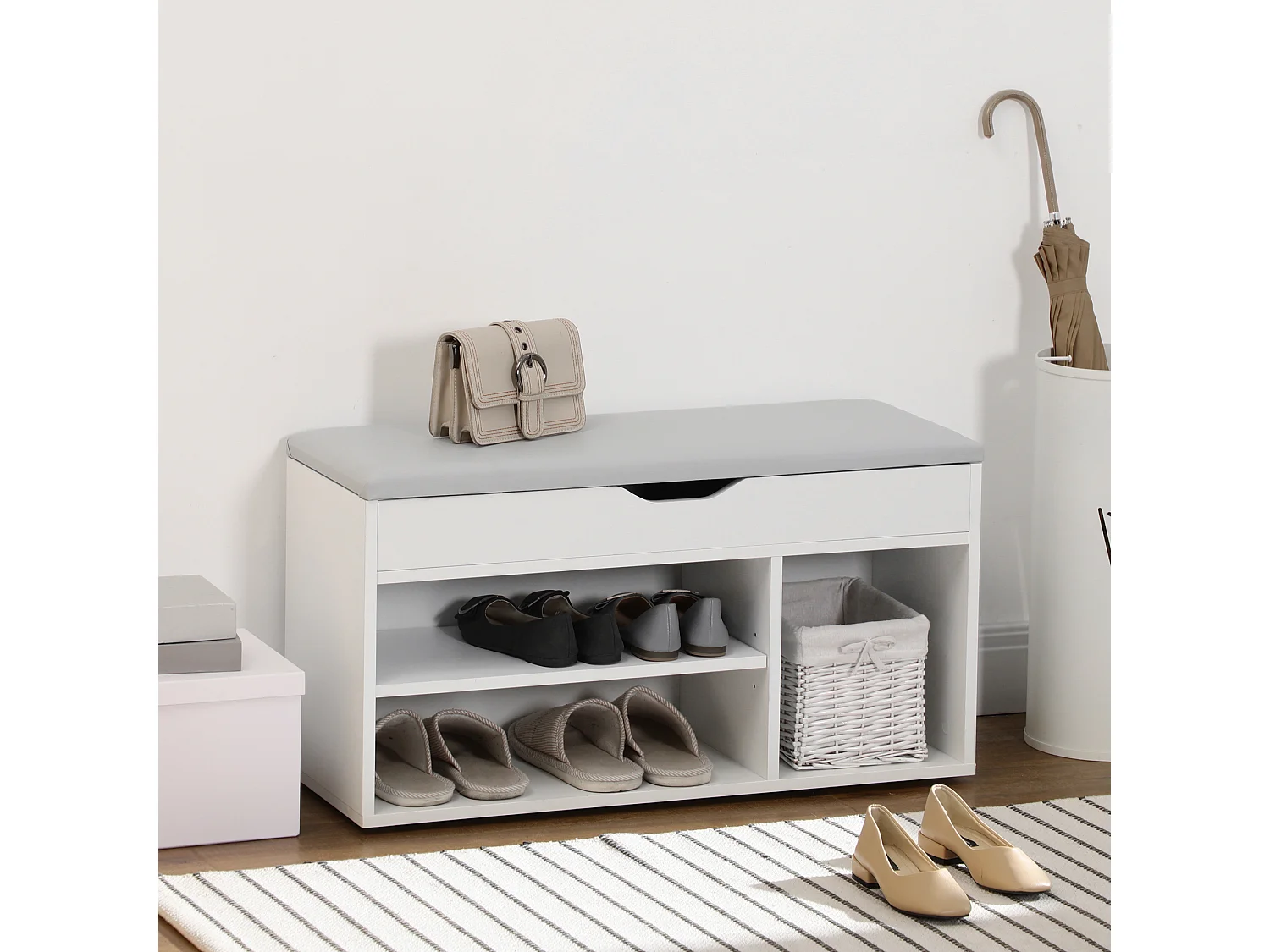 Mobile scarpiera salvaspazio con panca contenitore e vani aperti