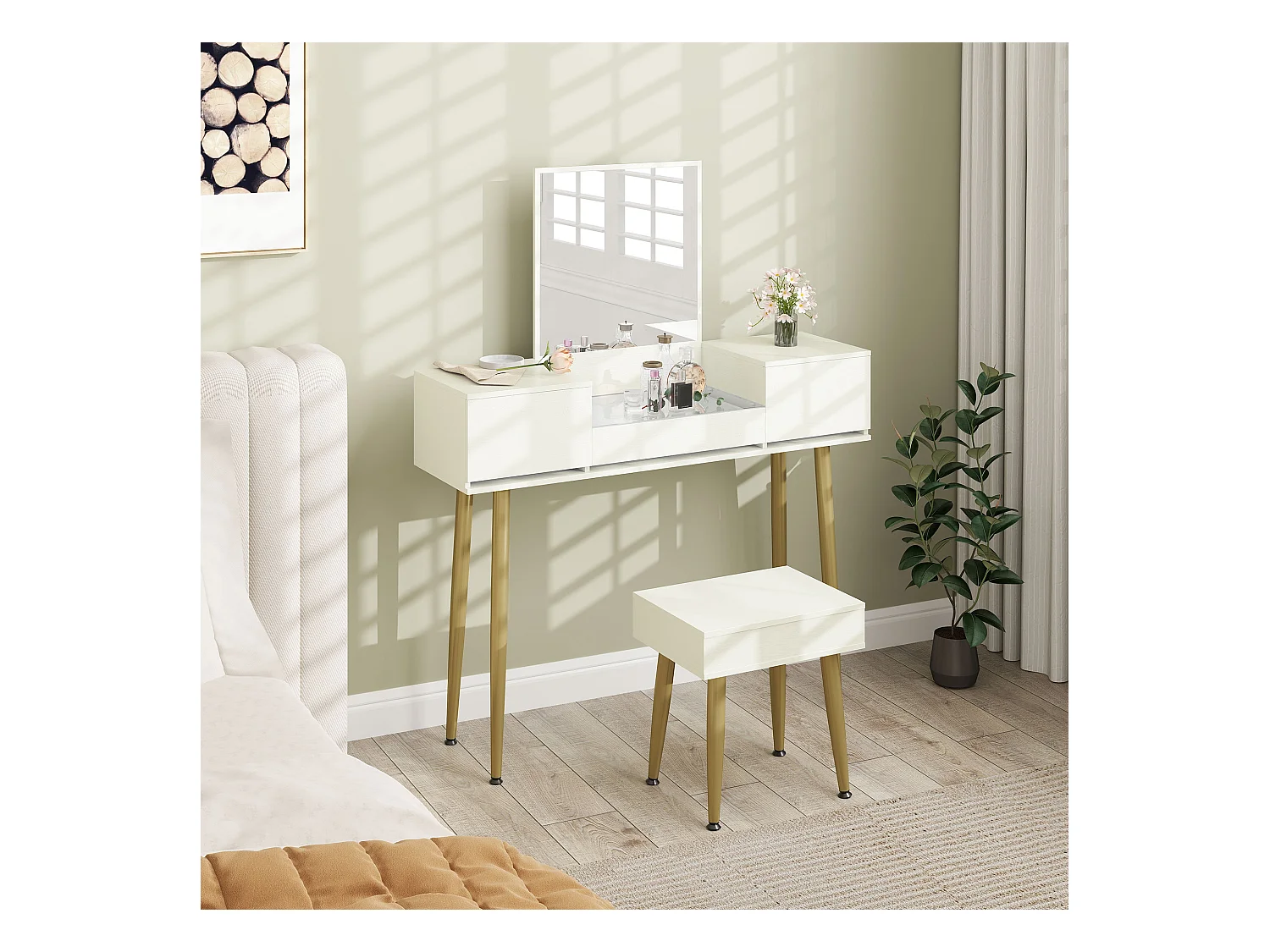 Set tavolo da trucco a 3 cassetti e specchio con sgabello bianco