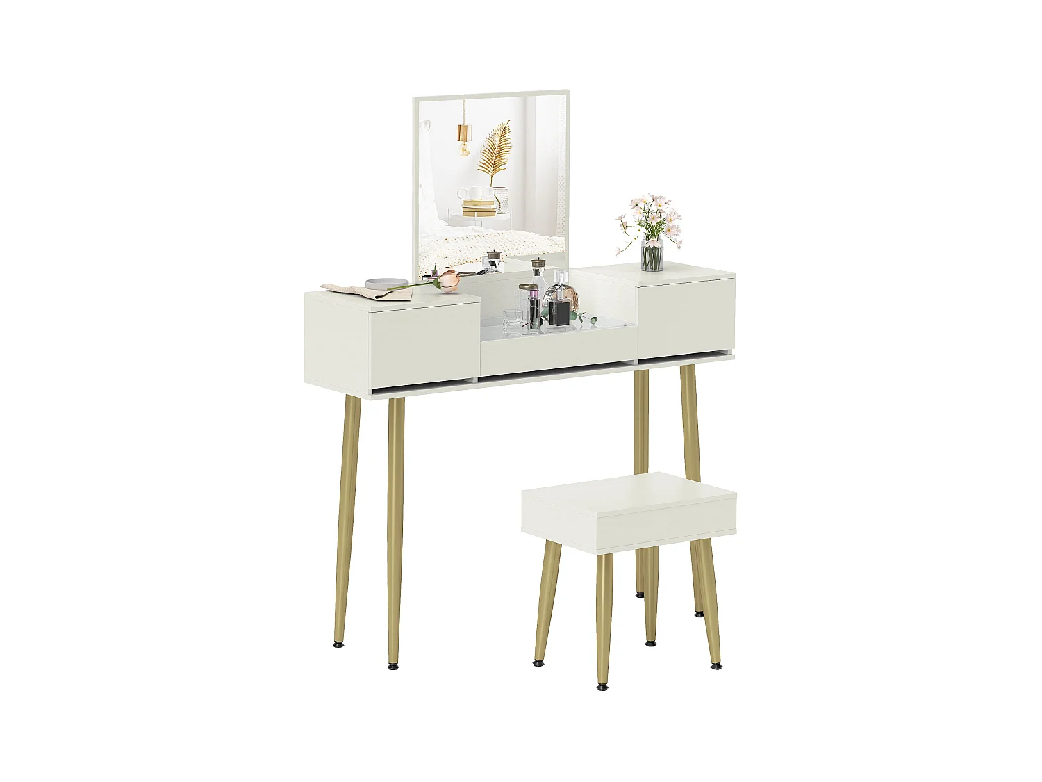 Set tavolo da trucco a 3 cassetti e specchio con sgabello bianco