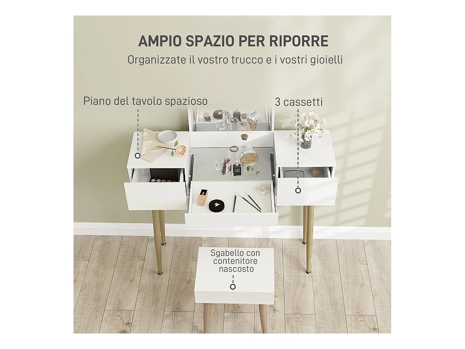 Set tavolo da trucco a 3 cassetti e specchio con sgabello bianco