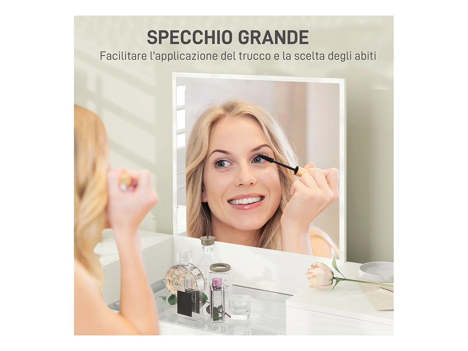 Set tavolo da trucco a 3 cassetti e specchio con sgabello bianco