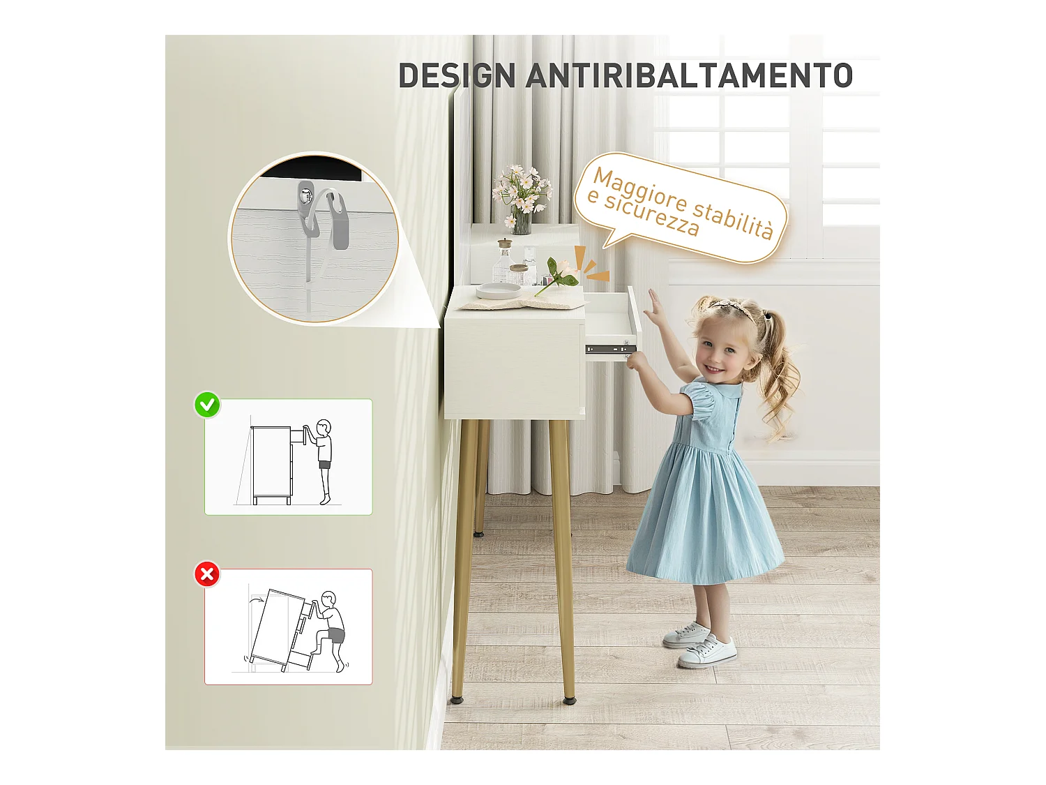 Set tavolo da trucco a 3 cassetti e specchio con sgabello bianco