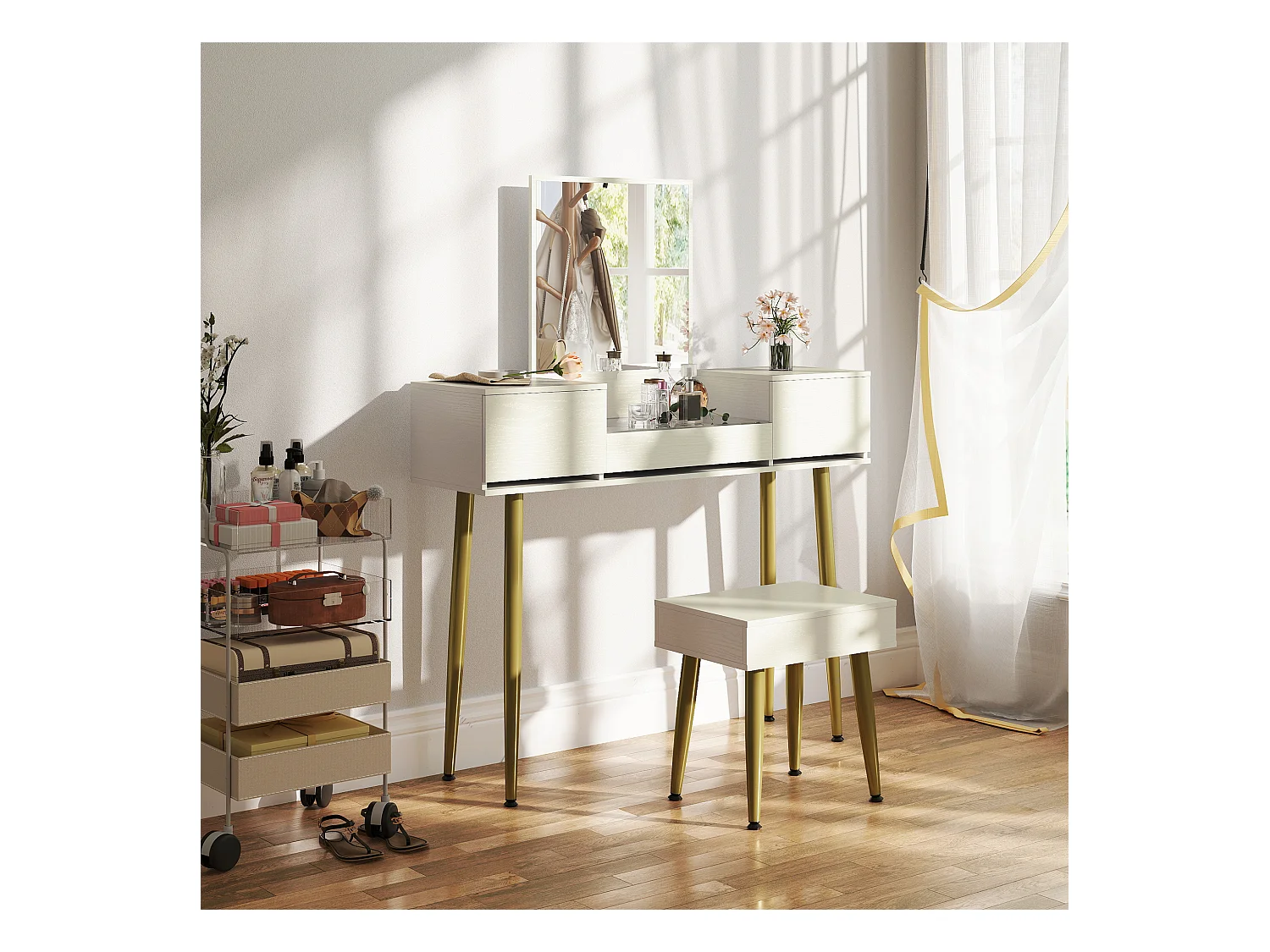 Set tavolo da trucco a 3 cassetti e specchio con sgabello bianco