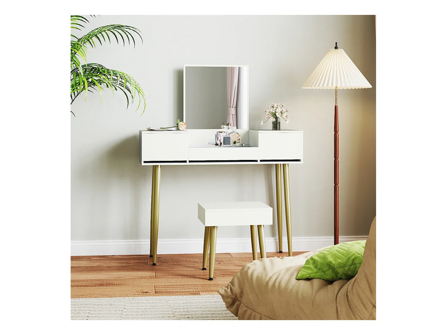 Set tavolo da trucco a 3 cassetti e specchio con sgabello bianco