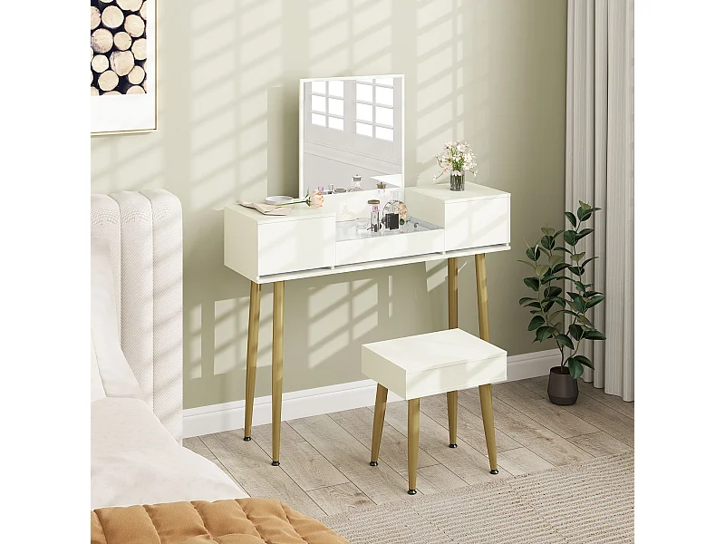Set tavolo da trucco a 3 cassetti e specchio con sgabello bianco