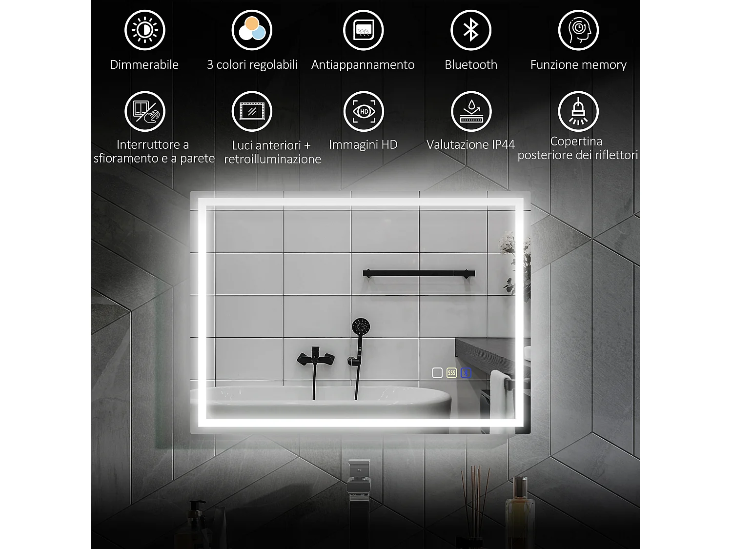 Specchio bagno antiappannante con led e speaker bluetooth 80x100cm