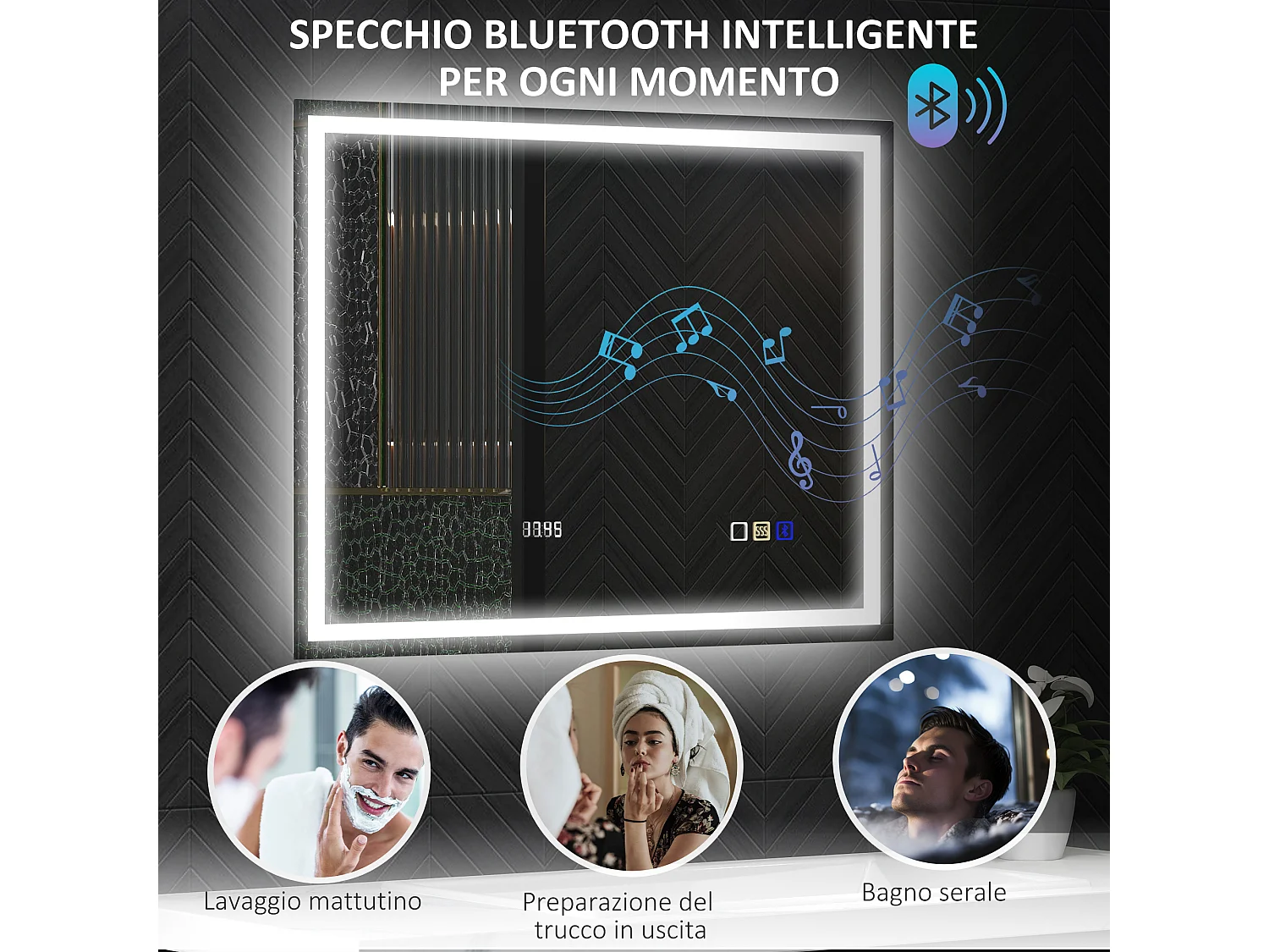 Specchio bagno antiappannante con led e speaker bluetooth 80x100cm