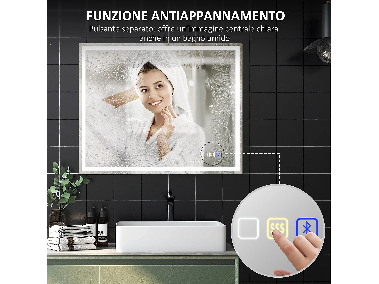 Specchio bagno antiappannante con led e speaker bluetooth 80x100cm